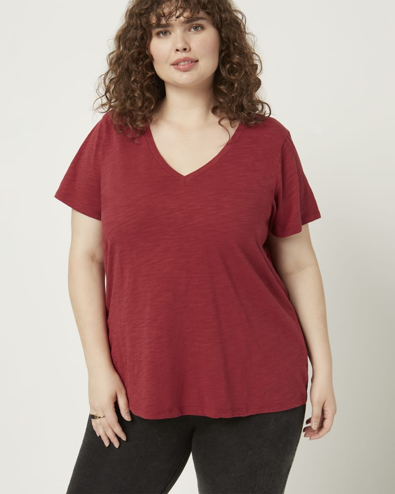 Front of a model wearing a size 1X Michelle Soft Cotton Tee in Purple by Meri Skye. | dia_product_style_image_id:216100